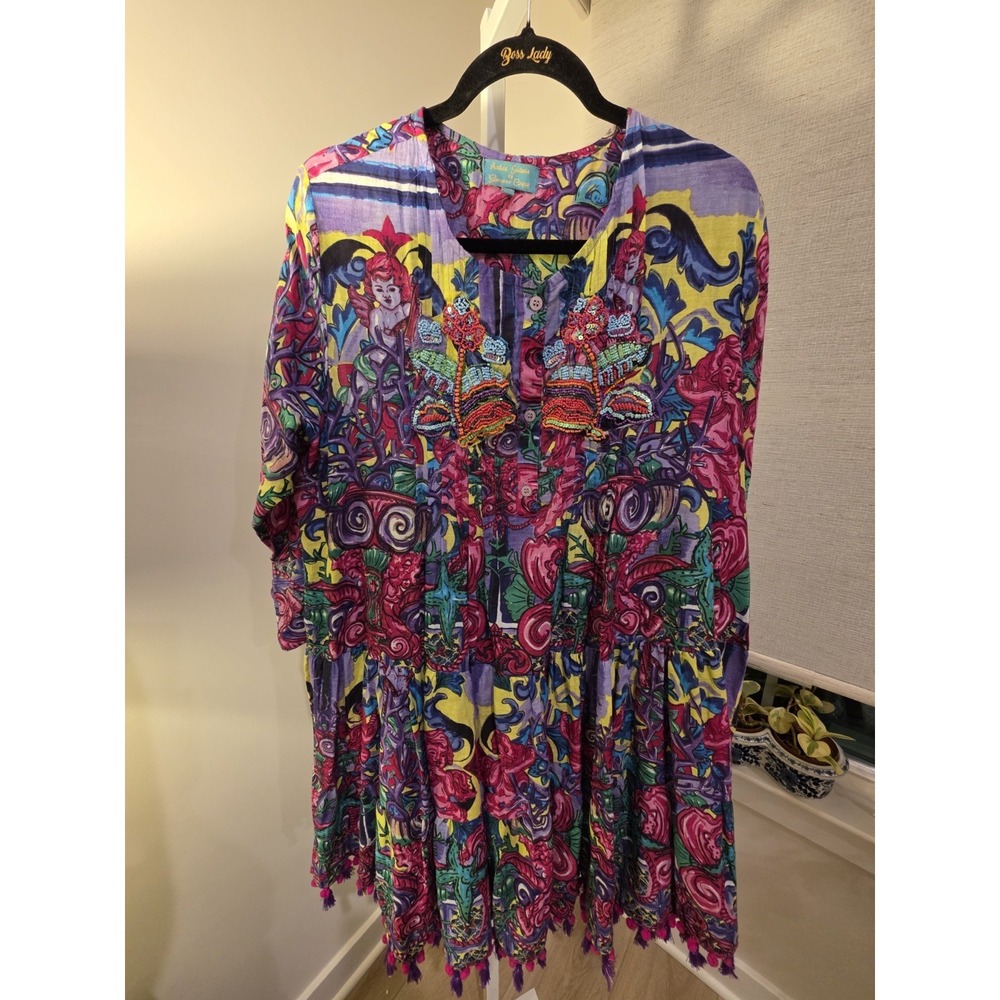 ANTICA SARTORIA NWT PURPLE PINK & YELLOW CHERUB PRINT SHORT DRESS OS Resort - Picture 6 of 16